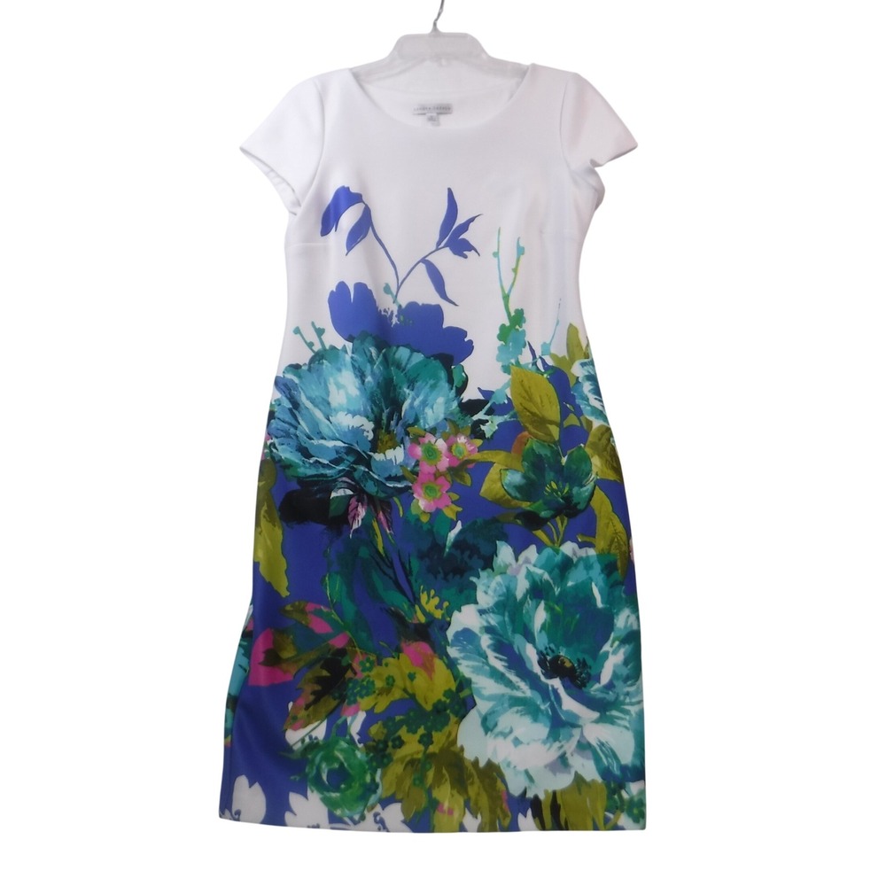 Sandra Darren Womens Floral Sheath Dress White Blue Green Short Sleeve Size 12